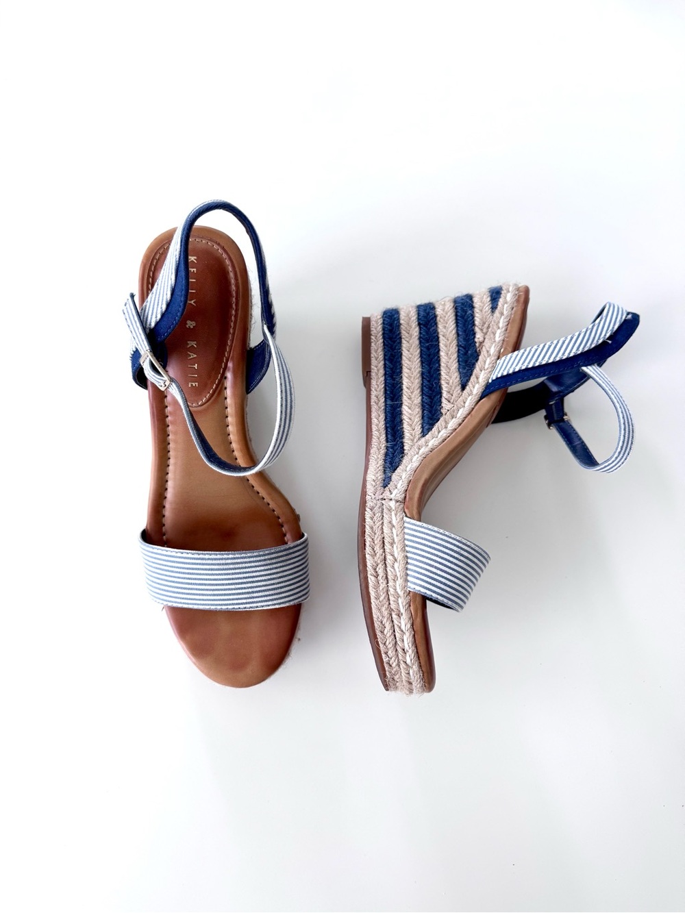 Kelly & Kelly Striped Navy & White Espadrille Wedge Sandals - Women Size 9,5